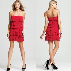 BCBGMaxazria Ginger Ruffled Tiered Strapless Dress Red Berry